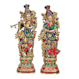 Brass Radha Krishna statue, front view: Krishna with flute, Radha with hands clasped