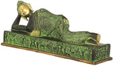 Brass reclining Buddha statue with side profile, detailed robe embossing and base