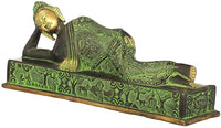 Brass reclining Buddha statue with side profile, detailed robe embossing and base