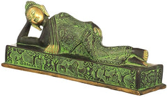 Brass reclining Buddha statue with side profile, detailed robe embossing and base