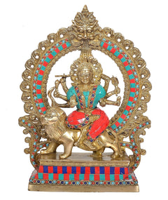 Front view Durga Maa brass statue with multicolor circular halo and lion figure