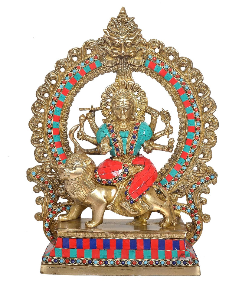 Brass Durga Maa with Lion Statue (Height: 14.5 Inches)
