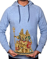 Light blue hoodie featuring printed Shiv Parivar family idol with trident