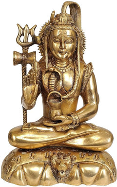 Brass Shiva idol seated with trident and damaru, front view, 9.5 inch