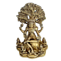 Brass Lord Shiva Dakshinamurthy idol, seated with raised arms and tree halo, 7 in
