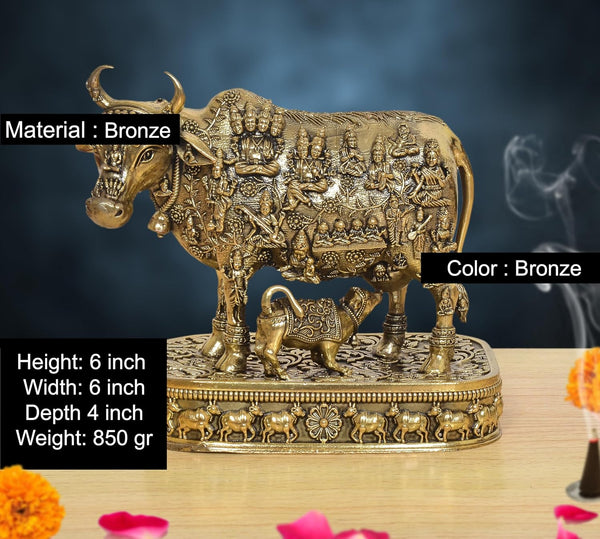 Superfine Brass Kamdhenu Cow with Calf God Figure Murti (Height: 6 Inch) Entryway Setting