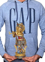 Grey hoodie front print featuring brass Krishna statue idol on decorated base