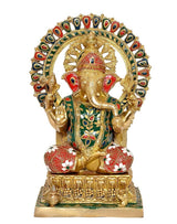 Golden Ganesha statue front view with painted green, red, and blue robe and halo