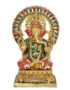 Golden Ganesha statue front view with painted green, red, and blue robe and halo