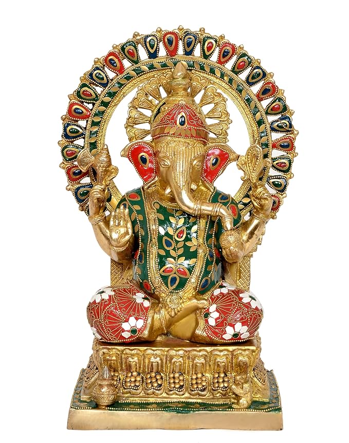 Brass Lord Ganesha Ganpati Idol Vinayak Religious Statue Brass Murti Multicolor (Height 14 Inch)