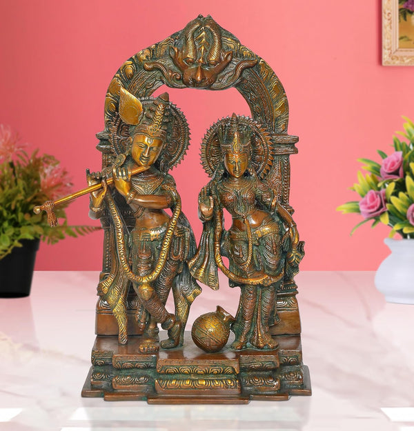 Brass Radha Krishna Idol Statue On Artistic Frame for Home Decor and Pooja Mandir Temple Office Decor (Height 14 Inch) (Multicolor 1)