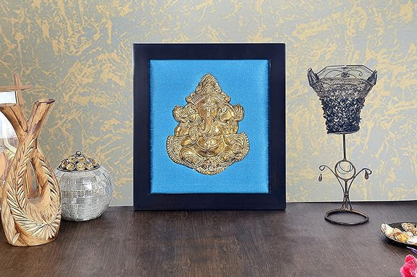 Brass Ganesha in Wooden Frame Wall Hanging for Home Decor Length 12.5 Inch (Blue)