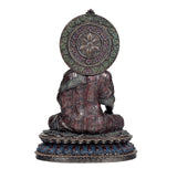 Resin Buddha sculpture rear view, round halo medallion and patterned robes, 11 in