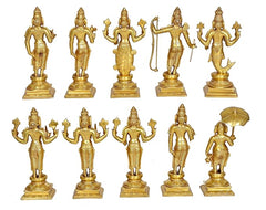 Brass Dashavatar idols, set of 10—multiple poses, one holding an umbrella