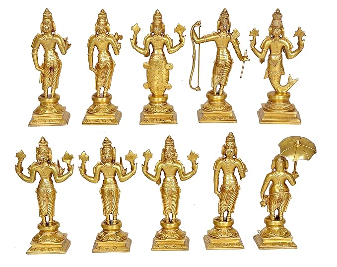 Brass Vishnu Dashavatar Statue Idol for Home Decor Temple | Diwali | Height : 9 Inches (Each) | Set of 10