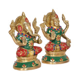 Brass Lakshmi-Ganesh idols, front view: Ganesha and Lakshmi seated with raised blessings