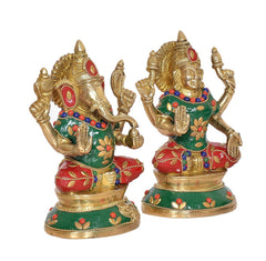 Brass Lakshmi-Ganesh idols, front view: Ganesha and Lakshmi seated with raised blessings