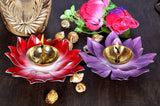 Metal lotus akhand diya (6-inch) with brass flame holder on red and purple petals