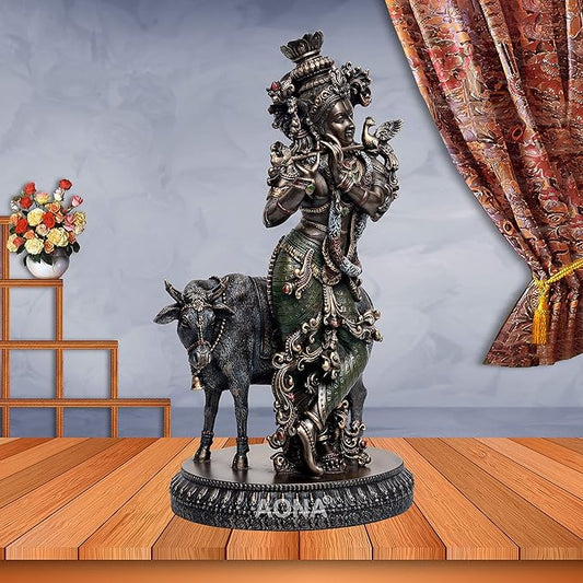 Large Krishna Idol Playing Flute On The Back Kamdhenu Cow - Statue Showpiece Murti for Home Office Height 10.5 inches