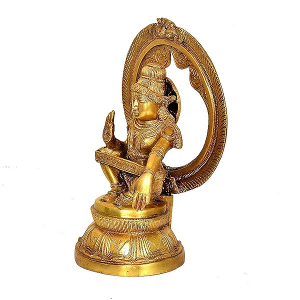 Seated Lord Ayyappan Brass Statue Carved Frame with Kirtimukha Gold Height 12 Inches Study Setting