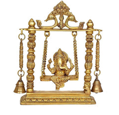 Brass Ganesha sitting on swing idol with chains and hanging bells, ornate base