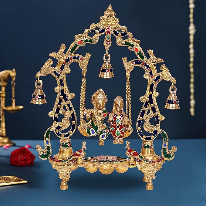 Brass Radha-Krishna swing with diya jhula, hanging lamps, 14 in