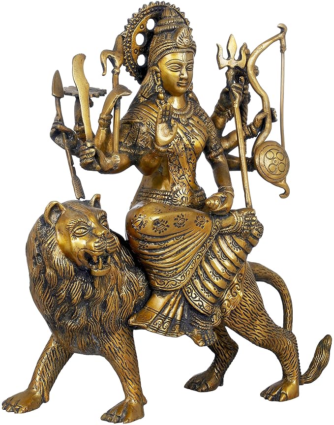 Brass Goddess Durga Idol Hindu Religious Devi Maa Sitting on Lion Statue (Golden Antique)