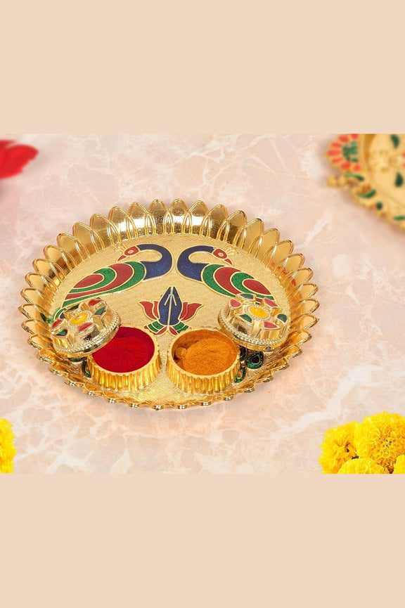 Gold-plated pooja thali with two tilak bowls, peacock design, 5.5 in