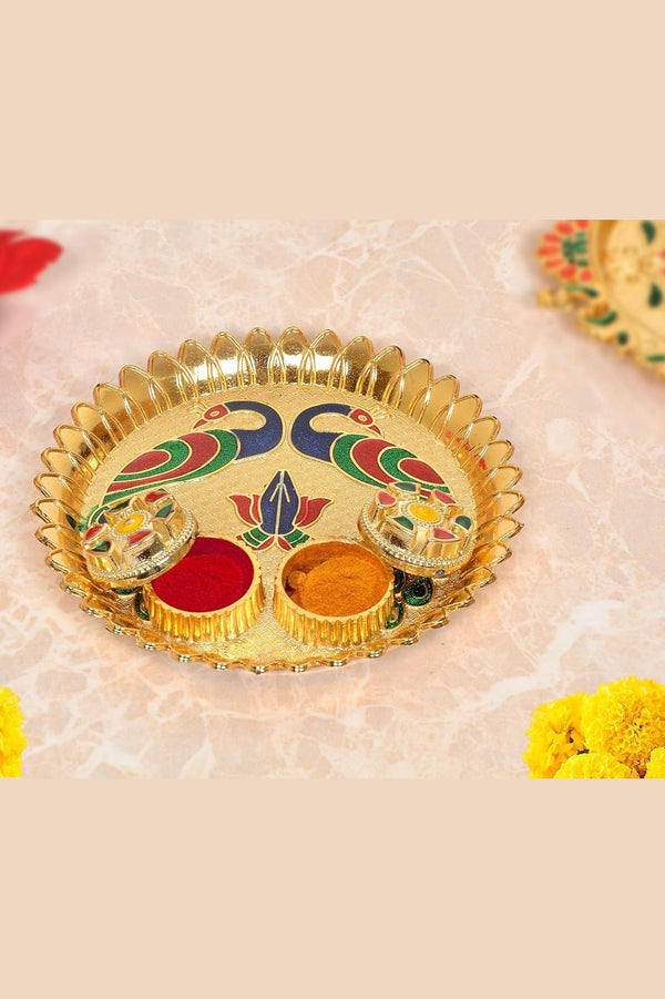 Gold Plated Plastic Haldi Kumkum Holder Pooja Thali Tilak Plate (Width 5.5 Inch)