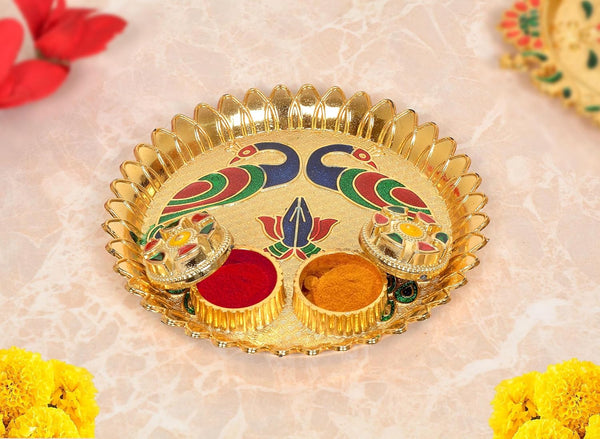 Decorative Design Gold Plated Plastic Haldi Kumkum Holder Pooja Thali and 2 Bowl For Rakhi Diwali Wedding Gifts Tilak Plate (Width 5.5 Inch) (Multicolor Pooja Thali)