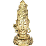 Brass Shiva mukha linga idol, serene face, ornate crown and hoop earrings, 9 in