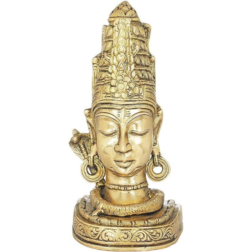 Brass Shiva mukha linga idol, serene face, ornate crown and hoop earrings, 9 in