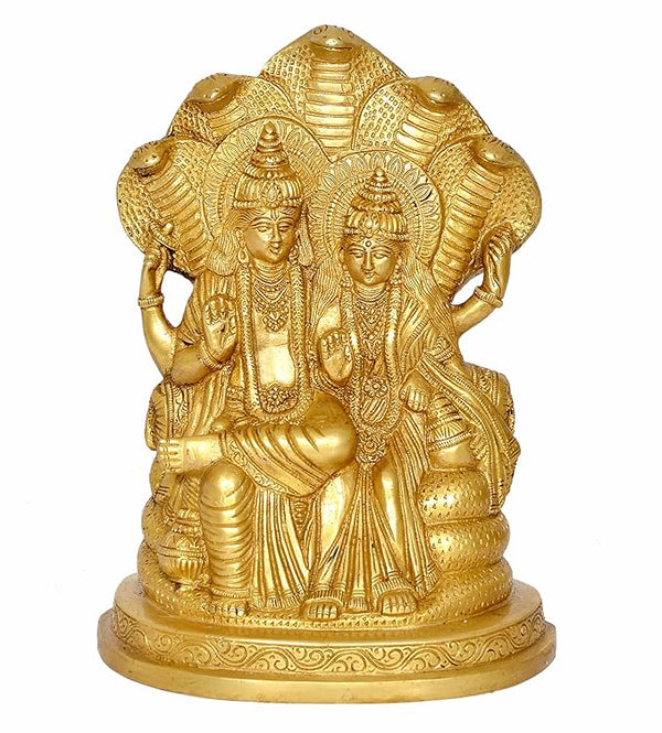 Brass Lord Vishnu with Maa Lakshmi On Sheshnag Idol Statue - (Height 9 inch) Entryway Setting