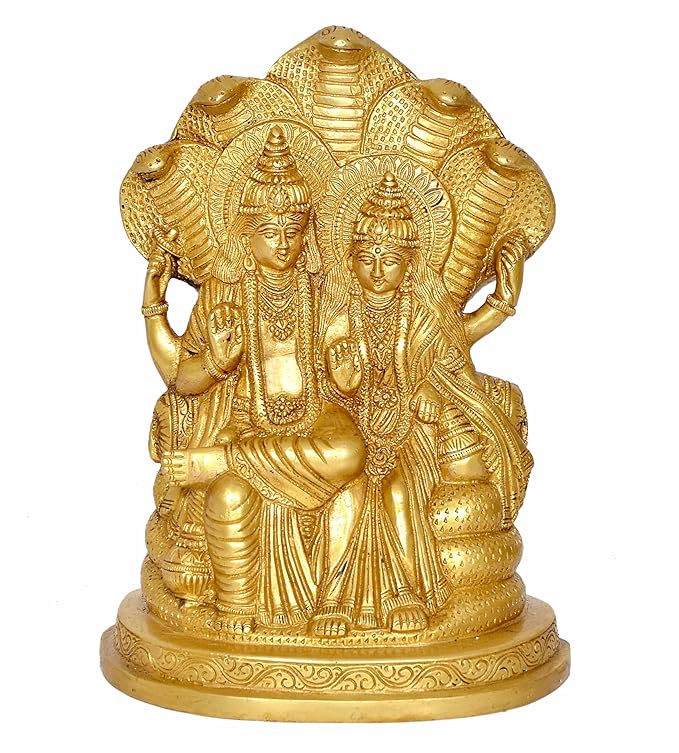 Brass Lord Vishnu with Maa Lakshmi On Sheshnag Idol Statue - (Height 9 inch)