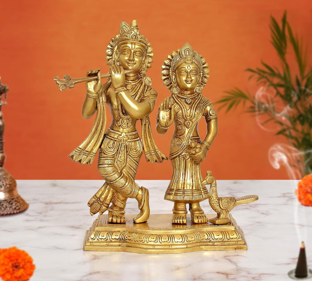 Brass Radha Krishna Idol with Peacock (Height 9 Inch)