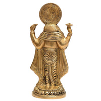 Brass Dhanvantari statue from behind, circular halo and sculpted garment details
