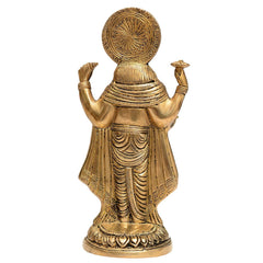Brass Dhanvantari statue from behind, circular halo and sculpted garment details