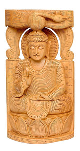 Wooden hand-carved Buddha figurine, seated in meditation pose, 12 in height