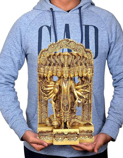 Brass Vishnu Virat Roop statue held in hands, 15-face arched design on base