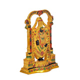Brass Venkateshwara idol side view, ornate pillars and decorated base