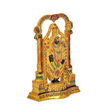 Sri Venkateswara brass idol in front view, richly colored temple-style detailing