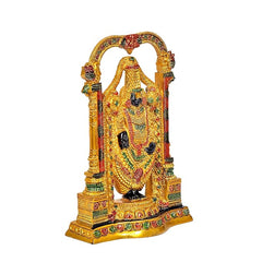 Sri Venkateswara brass idol in front view, richly colored temple-style detailing