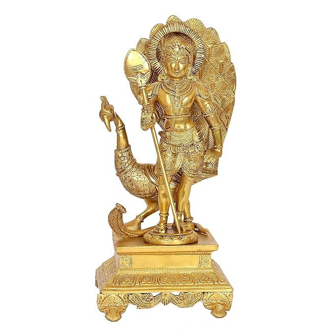 Brass Murugan-Kartikeya idol, 12 in, standing with spear and ornate halo