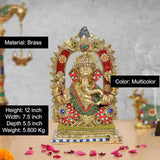 Brass Ganpati idol (12 inch) with red arch, blue and green enamel, multicolour