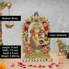 Brass Ganpati idol (12 inch) with red arch, blue and green enamel, multicolour