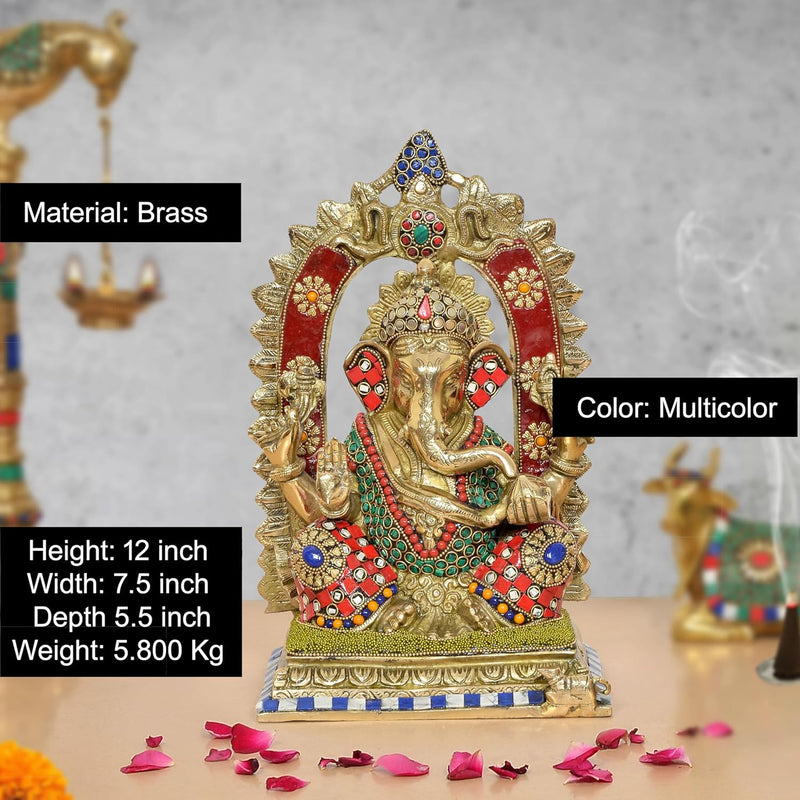 Brass Handcrafted Ganpati Bappa Murti (Height 12 Inch) (Multicolour)