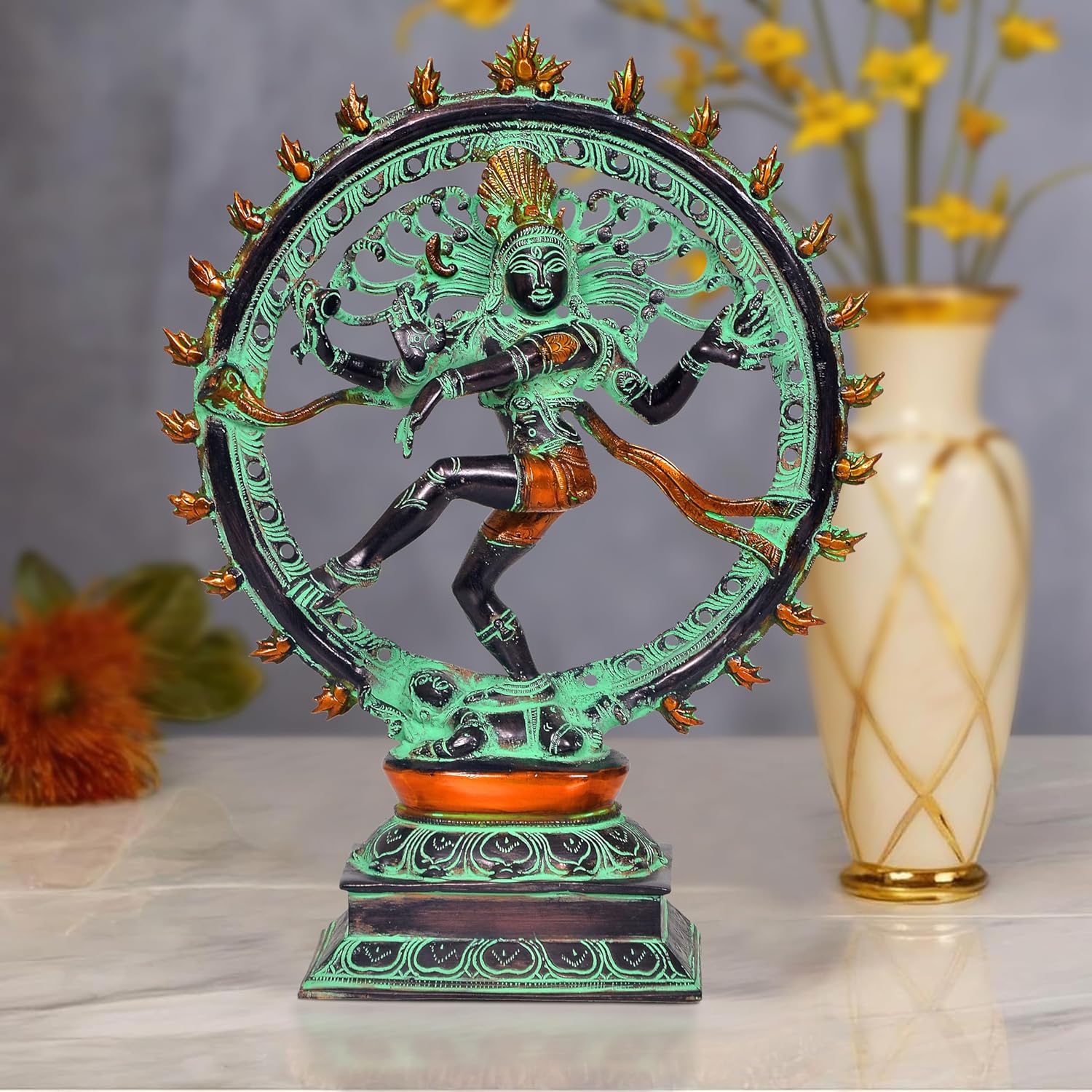 Brass Natraj Lord Shiva Dancing Natraj Brass with 23 Agni Chakra Idol Statues for Home Decor and Ofice Multicolor (Height: 13 inch) (Multicolor Natraj)