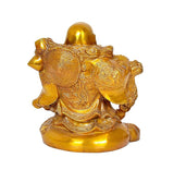 Brass laughing Buddha statue, rear three-quarter view with detailed robe engravings