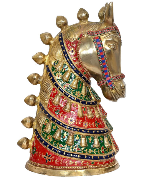 Brass Horse Head Statue with Stone Work for Home Decor and Office Decor (Height: 23 Inch)