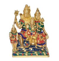 Front view Brass Shiv Parivar statue with Shiva and two attendants in jeweled outfits